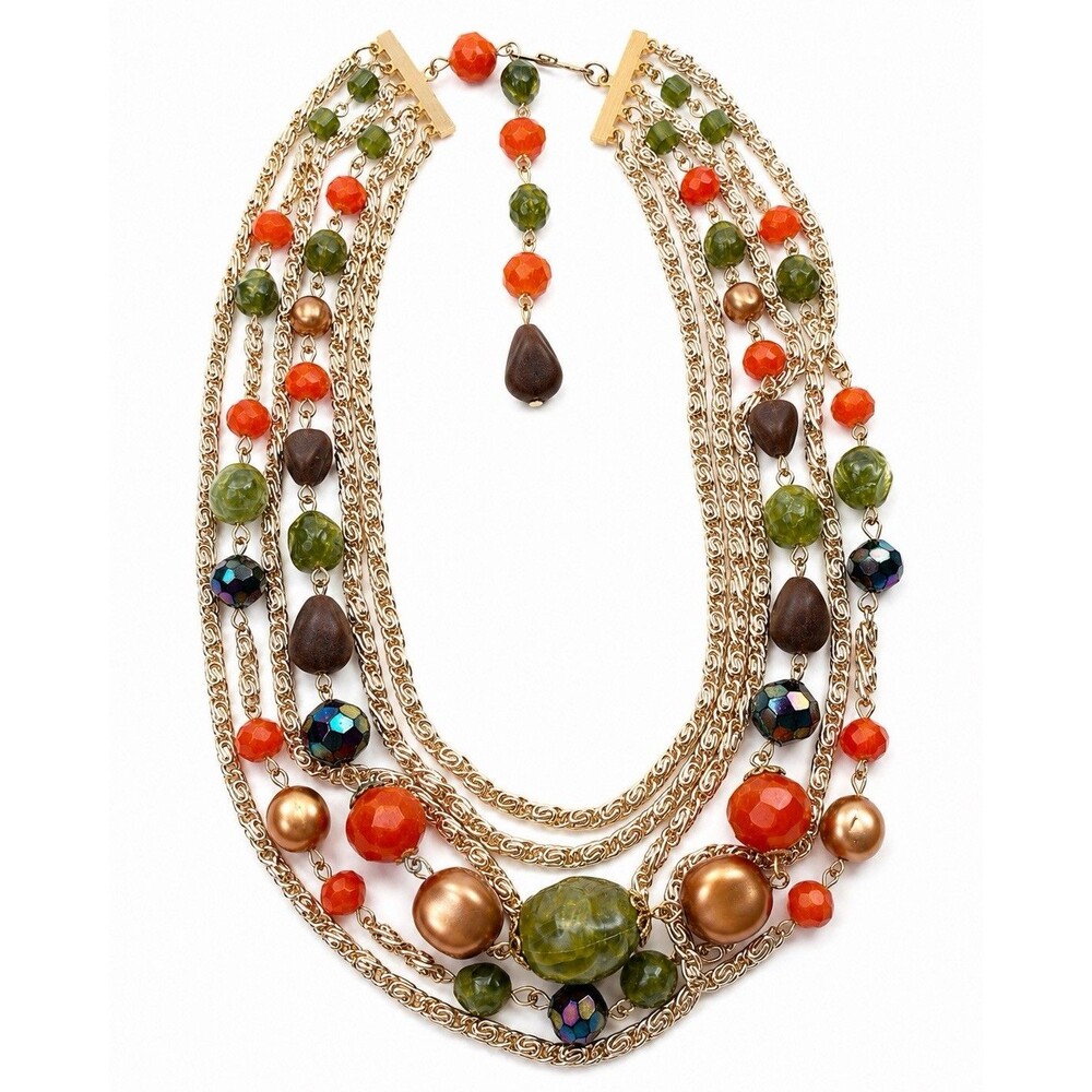 Vintage Boho Multi Strand Gold Tone Chain Necklace Orange Green Statement 18-21”